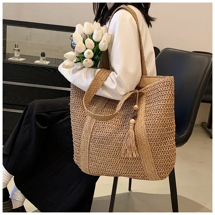 Elegant Straw Woven Handbag – Women’s Retro Beach & Casual Tote Top-Handle Shoulder Bag 2024