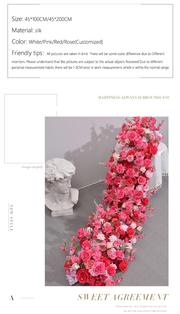 Pink Rose Artificial Flower Row – Large Floral Runner for Wedding Backdrop, Party Decor & Showcase Display Prop