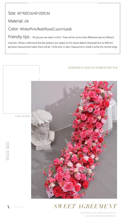 Pink Rose Artificial Flower Row – Large Floral Runner for Wedding Backdrop, Party Decor & Showcase Display Prop