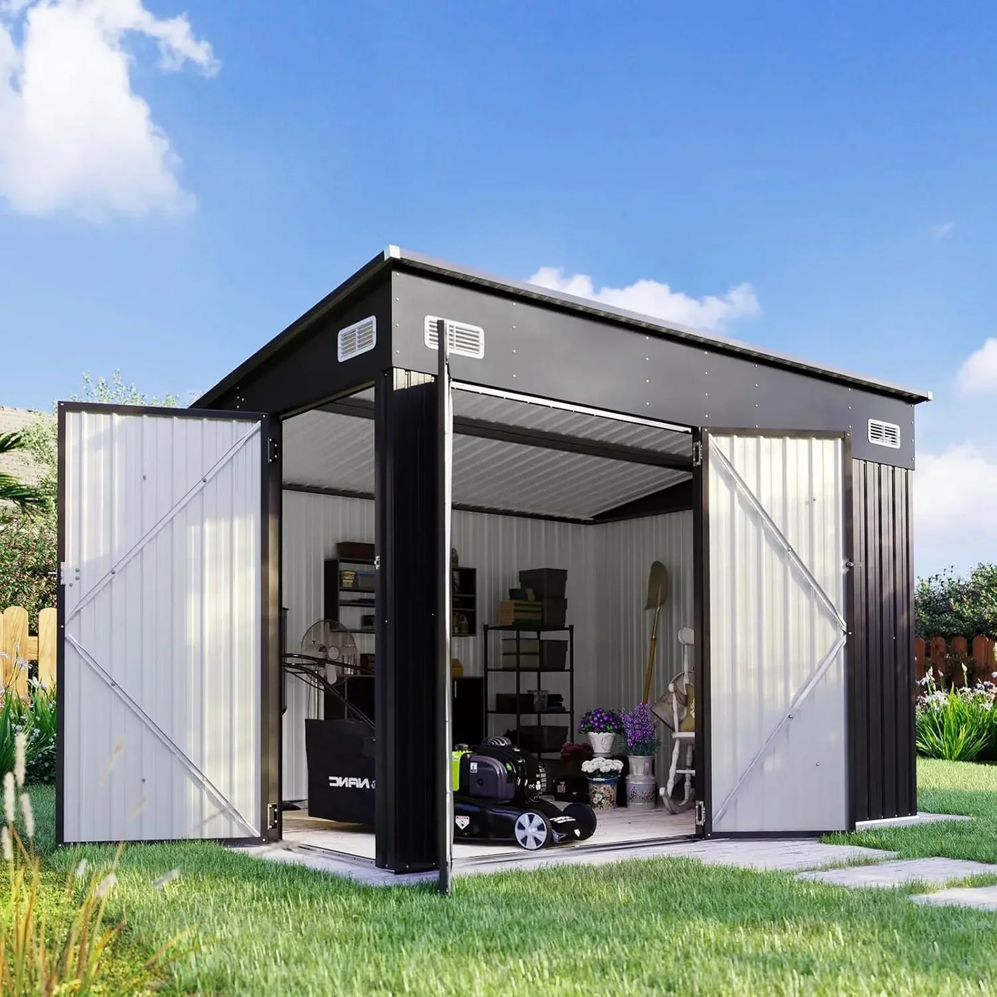 11.5'x7.5' Outdoor Metal Storage Shed – Triple Lockable Door with Sloping Roof for Tools & Bicycles