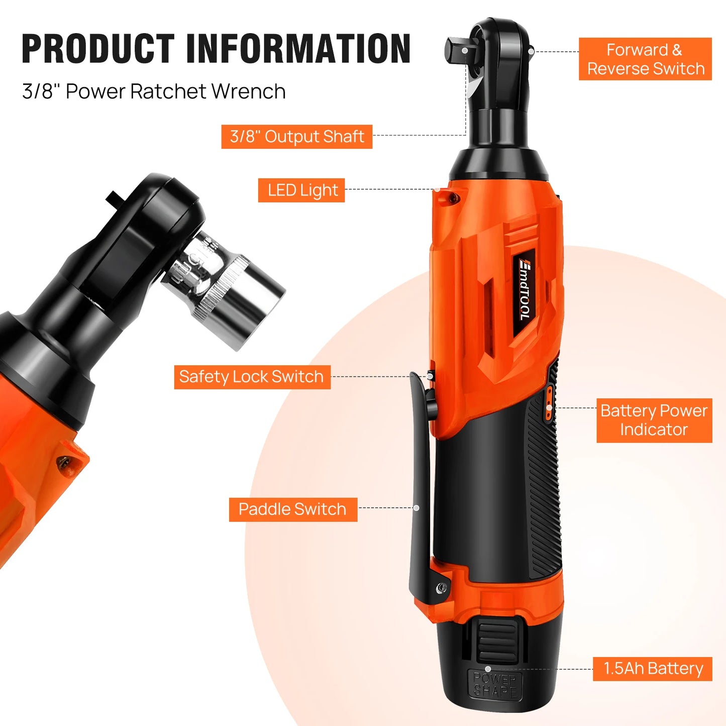 3/8 Inch Cordless Electric Wrench | 90° Right Angle Ratchet with 12V Rechargeable Batteries, 7 Sockets for Car Repair