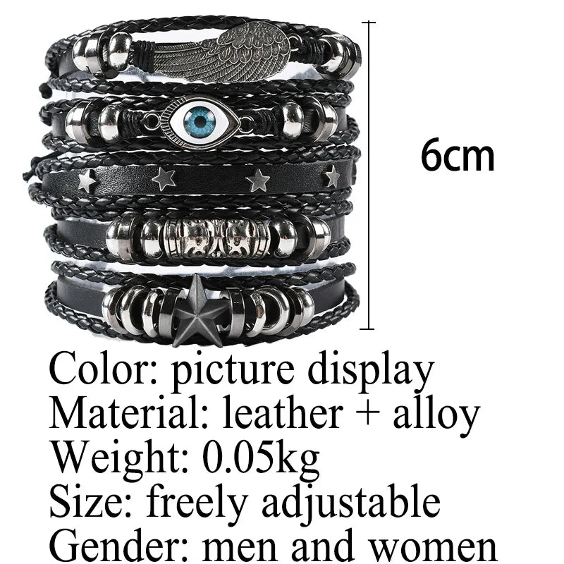 6PCS Black Punk Bracelet Set – Skull & Star Shaped Alloy with PU Leather