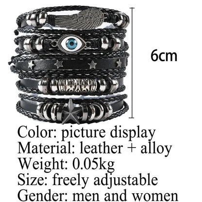 6PCS Black Punk Bracelet Set – Skull & Star Shaped Alloy with PU Leather