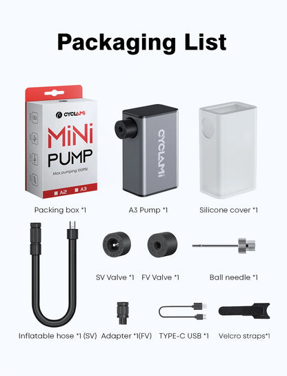 CYCLAMI A3 Ultralight Electric Bike Pump – 100 PSI Portable Tire Inflator for MTB, Road Bike & Motorcycle, Aluminum Alloy