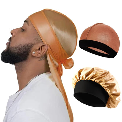 Men’s Silky Durag with Long Tail - Pirate Hat, Headband, Turban, Wave Cap, Unisex Satin Wig Cap with Elastic Band