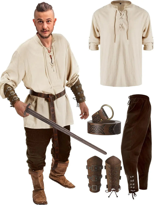 Jiuguva 4-Pcs Halloween Men's Renaissance Costume Set – Medieval Pirate Shirt, Ankle Banded Pants & Viking Belt Accessories