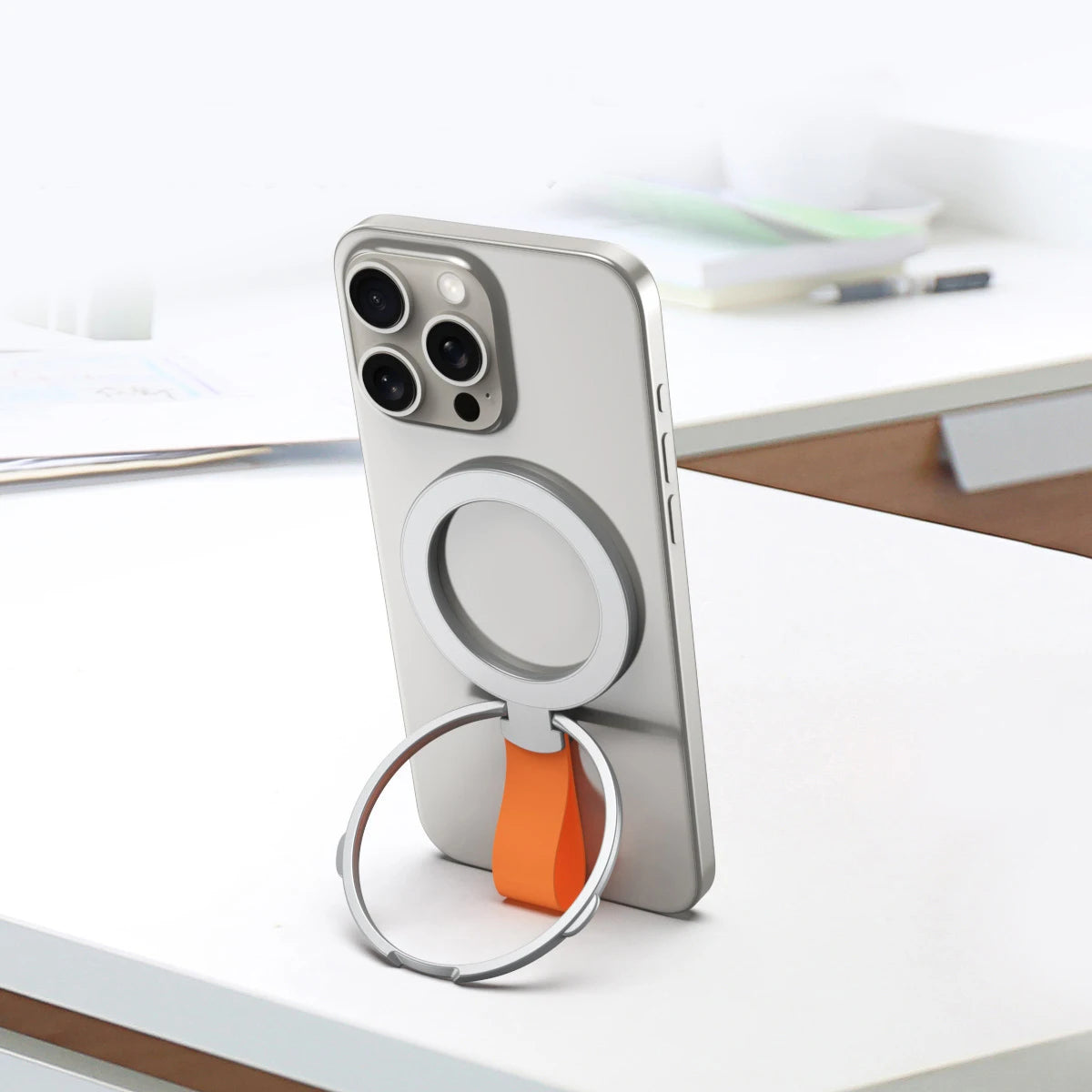 MagSafe Metal Strong Magnetic Suction Phone Holder - 360° Rotating, Folding Ring, Alloy, Portable & Universal Desktop Stand