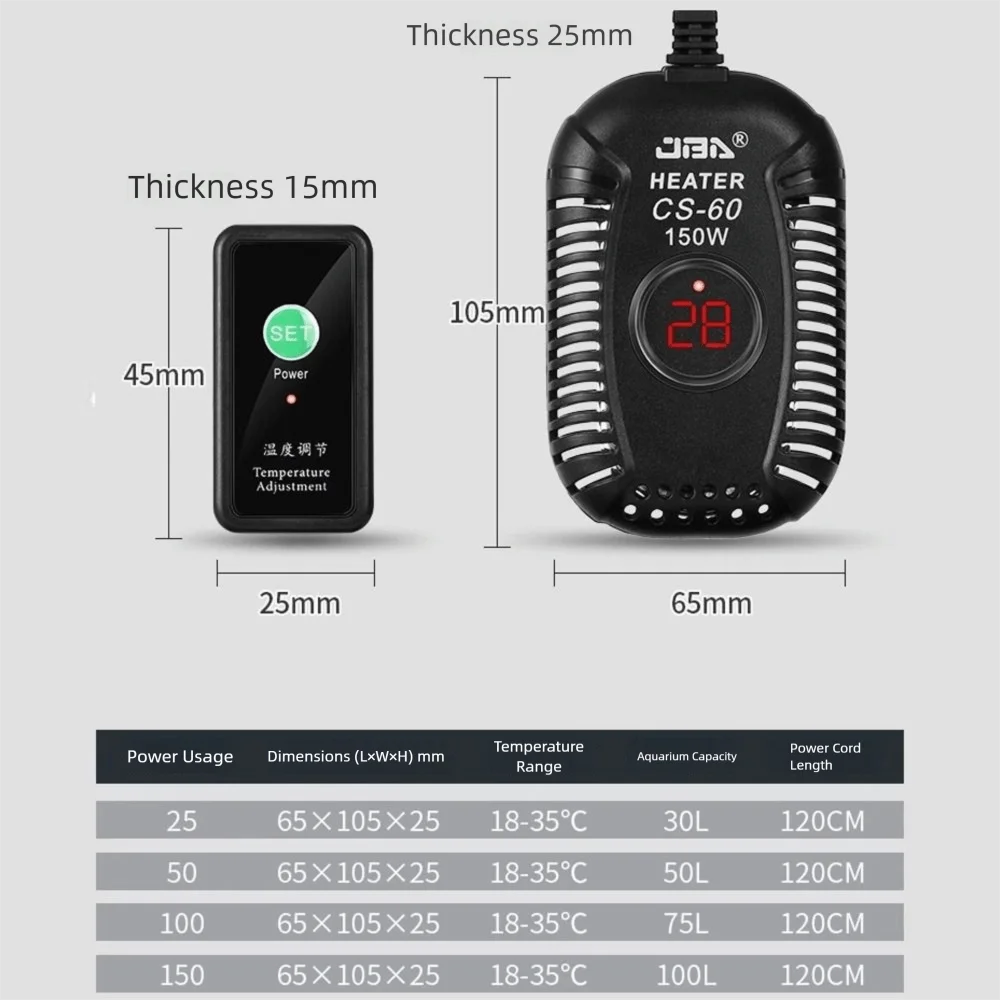 Quartz Glass Aquarium Submersible Heater – Ultra Short Adjustable Turtle Tank Heater 25W-150W