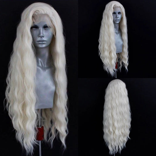 Platinum Blonde Wave Lace Front Wig – Long Synthetic Wigs for Women, Natural Loose Curl Cosplay in White, Black & Pink
