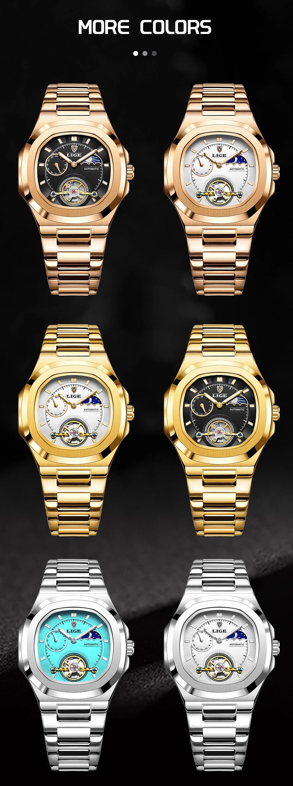 LIGE Dual Seconds Tourbillon Watch – Men's Stainless Steel Mechanical Timepiece, 24H, Night Glow, Waterproof