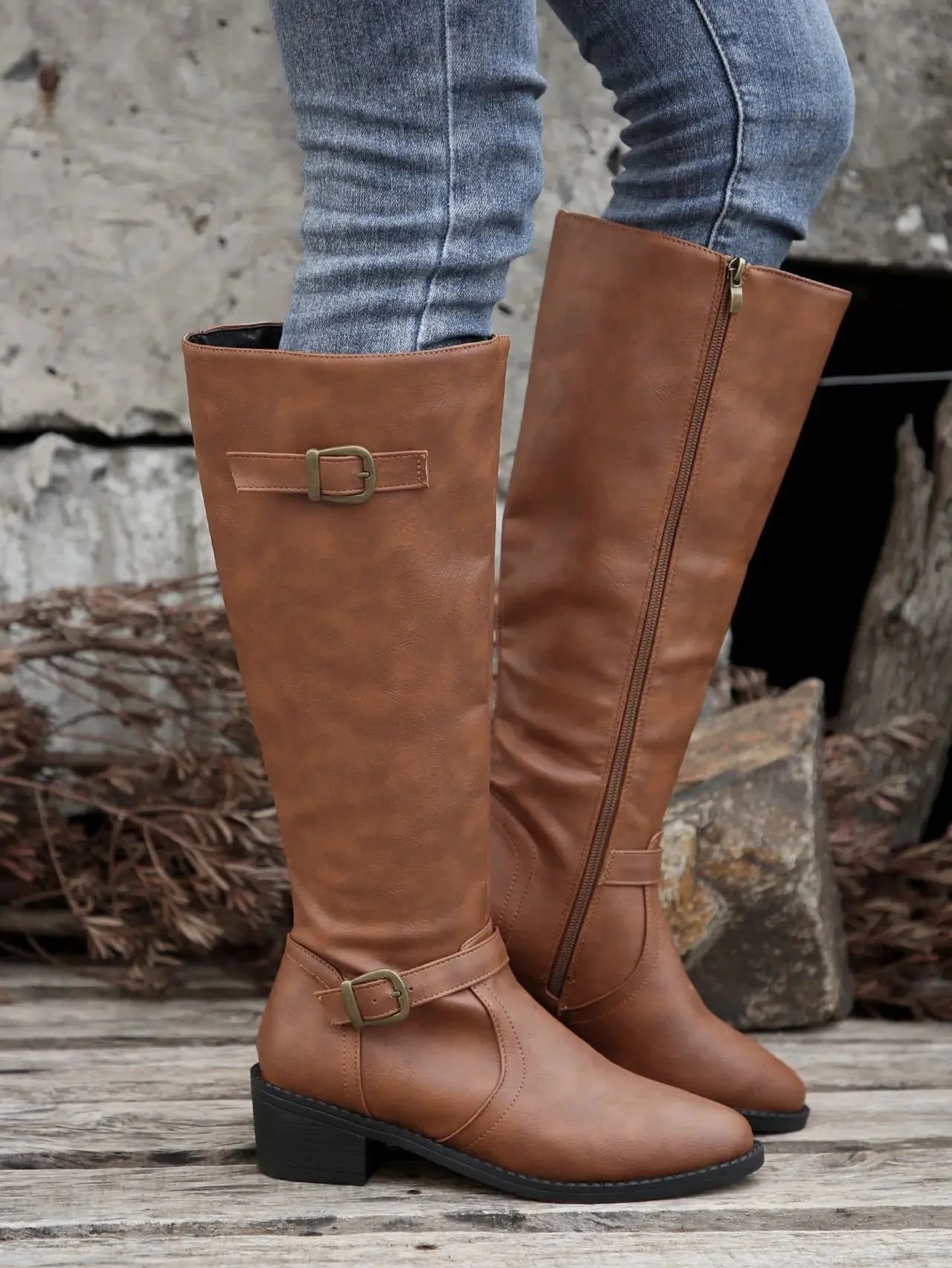 Women’s Winter High-Top Knight Boots – Side Zipper & Belt Buckle, Pointed Toe, PU Material with Cotton Lining