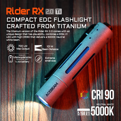ACEBEAM Rider RX 2.0 Titanium LED Flashlight — 700 Lumens EDC AA Flashlight with Bolt-Action Design, IP68 Waterproof