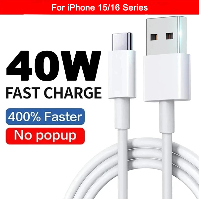 Original 40W PD USB-C Fast Charger Cable – Data Sync & Charging for iPhone 7-16 Series, iPad, USB Type-C Devices