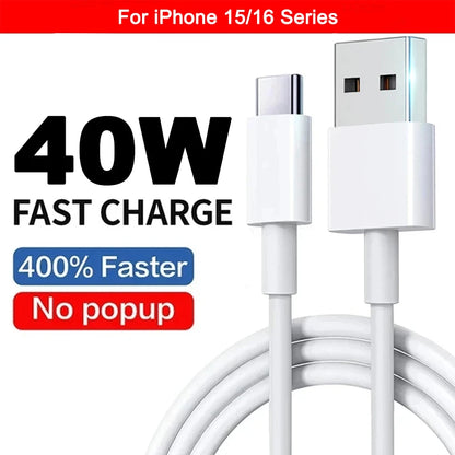 Original 40W PD USB-C Fast Charger Cable – Data Sync & Charging for iPhone 7-16 Series, iPad, USB Type-C Devices