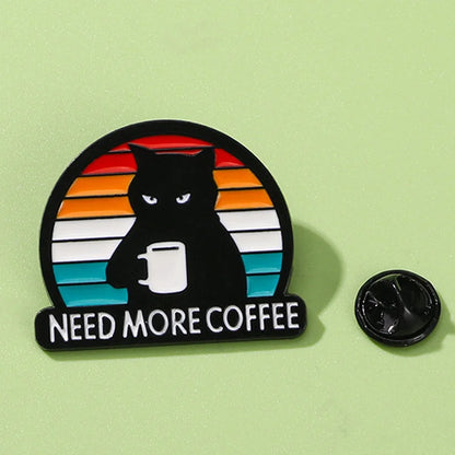 "Need More Coffee" Black Cat Brooch — Funny Coffee-Themed Letter Pin Badge
