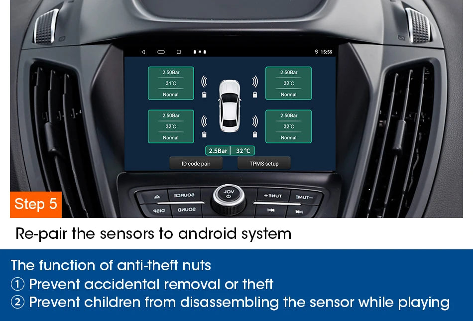 JMCQ USB Android TPMS Tire Pressure Monitoring System – 5 Internal/External Sensors with Display & Alarm for Car Navigation Radio