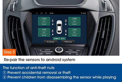 JMCQ USB Android TPMS Tire Pressure Monitoring System – 5 Internal/External Sensors with Display & Alarm for Car Navigation Radio