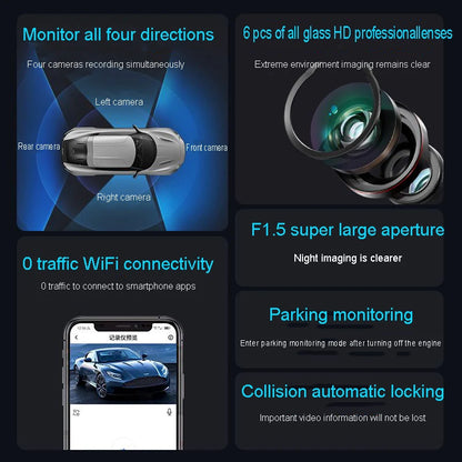 4 Channel Hidden Tachograph 4K Ultra HD Mini Dash Cam – Four Cameras with Rear View DVR, 24H Parking Monitor, BlackBox Video Recorder