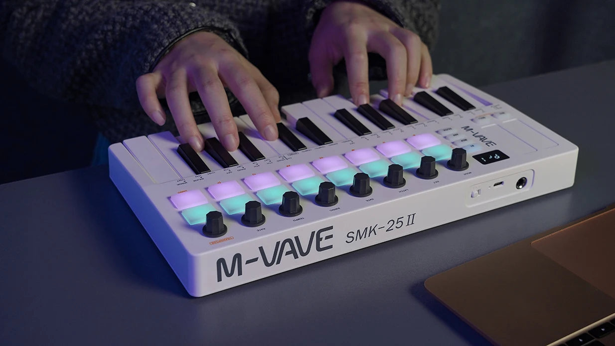 M-VAVE SMK-Ⅱ 25-Key MIDI Keyboard Controller – Bluetooth, 16 RGB Drum Pads, Semi-Weighted Dynamic Keybed