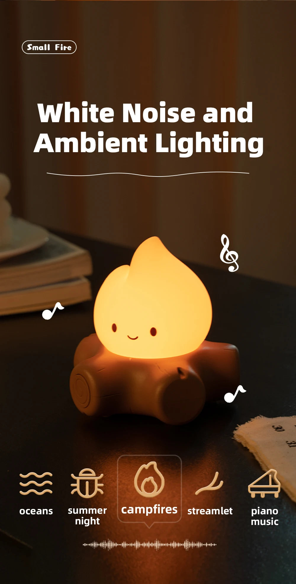 Campfire LED Night Light with White Noise – Creative Room Desk Lamp for Kids Gift