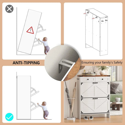 Farmhouse Shoe Storage Cabinet — Narrow Hidden Organizer with Deodorizing Function and 2 Flip Drawers