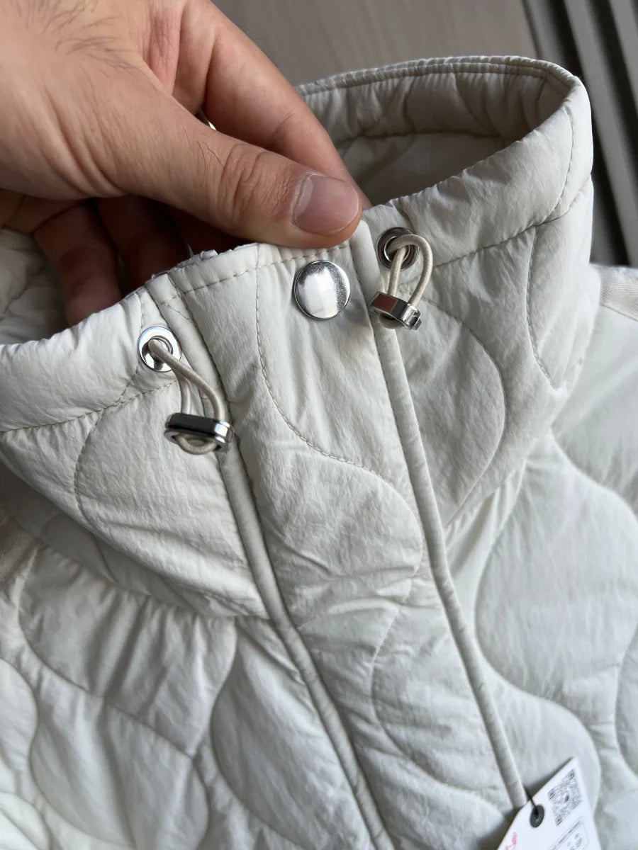 2024 ETJ Quilted Women's Coat – Beige Drawstring High Neck Jacket with Ties & Pockets