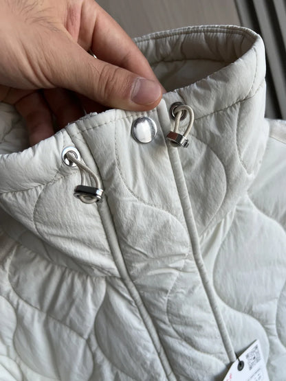 2024 ETJ Quilted Women's Coat – Beige Drawstring High Neck Jacket with Ties & Pockets