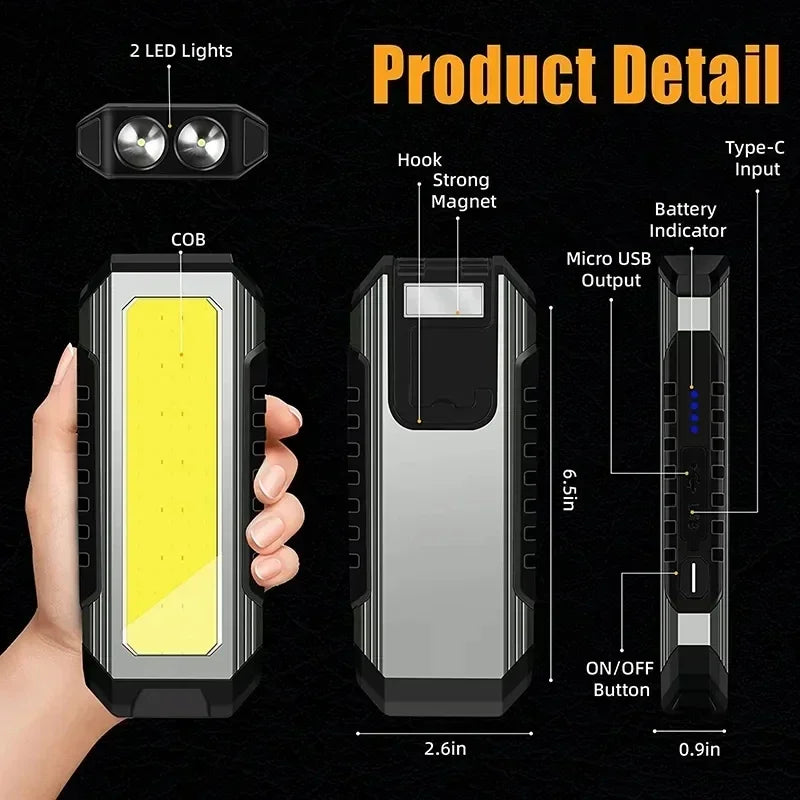 COB LED Work Light - USB Rechargeable Flashlight with Power Bank, Magnetic Waterproof Camping Lantern, 4000mAh