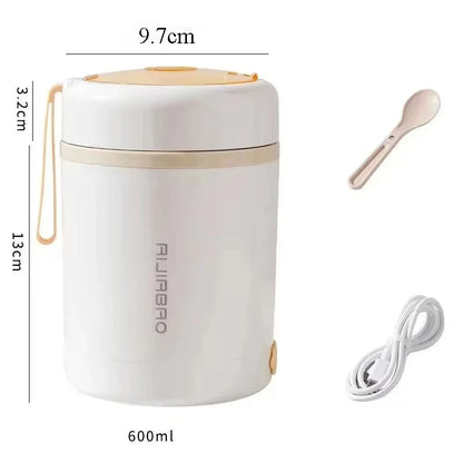 600ML USB Electric Heating Lunch Box — Portable Stainless Steel Food Warmer for Picnic, Milk, and Drinks (5V/12V/24V)