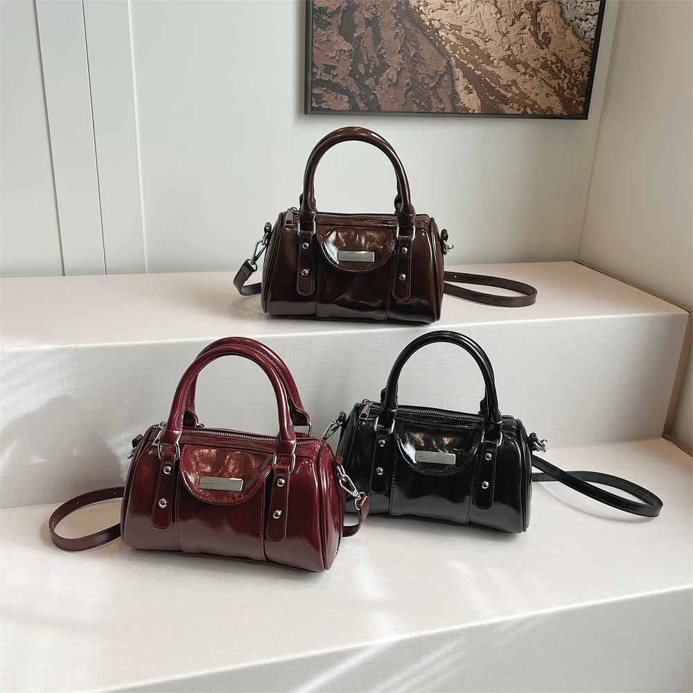 Burgundy Mini Top-Handle Bag for Women — PU Leather Shoulder & Crossbody Handbag 2024 Luxury Designer