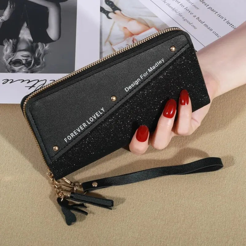KISMIS New Long Women's Zipper Wallet - Korean Style with Color Contrast, Tassel and Rivet Details