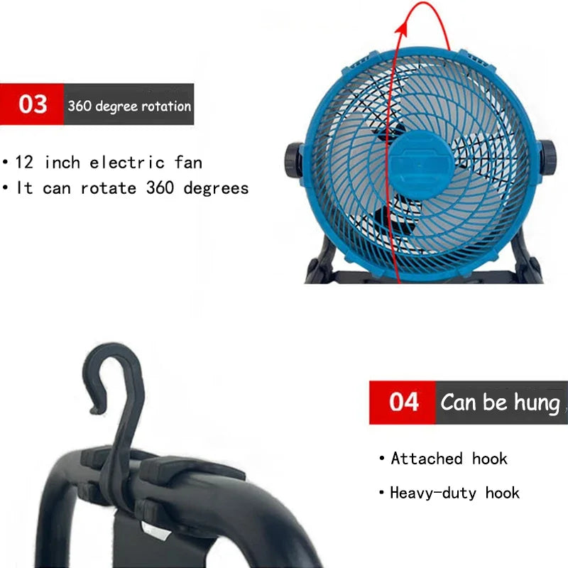 12-Inch Portable Camping Fan – AC/DC Dual-Use Table & Desktop Fan Compatible with Makita 18V, Lomvum, Zhipu, Hongsong, Jingmi Li-ion Batteries