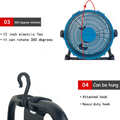 12-Inch Portable Camping Fan – AC/DC Dual-Use Table & Desktop Fan Compatible with Makita 18V, Lomvum, Zhipu, Hongsong, Jingmi Li-ion Batteries