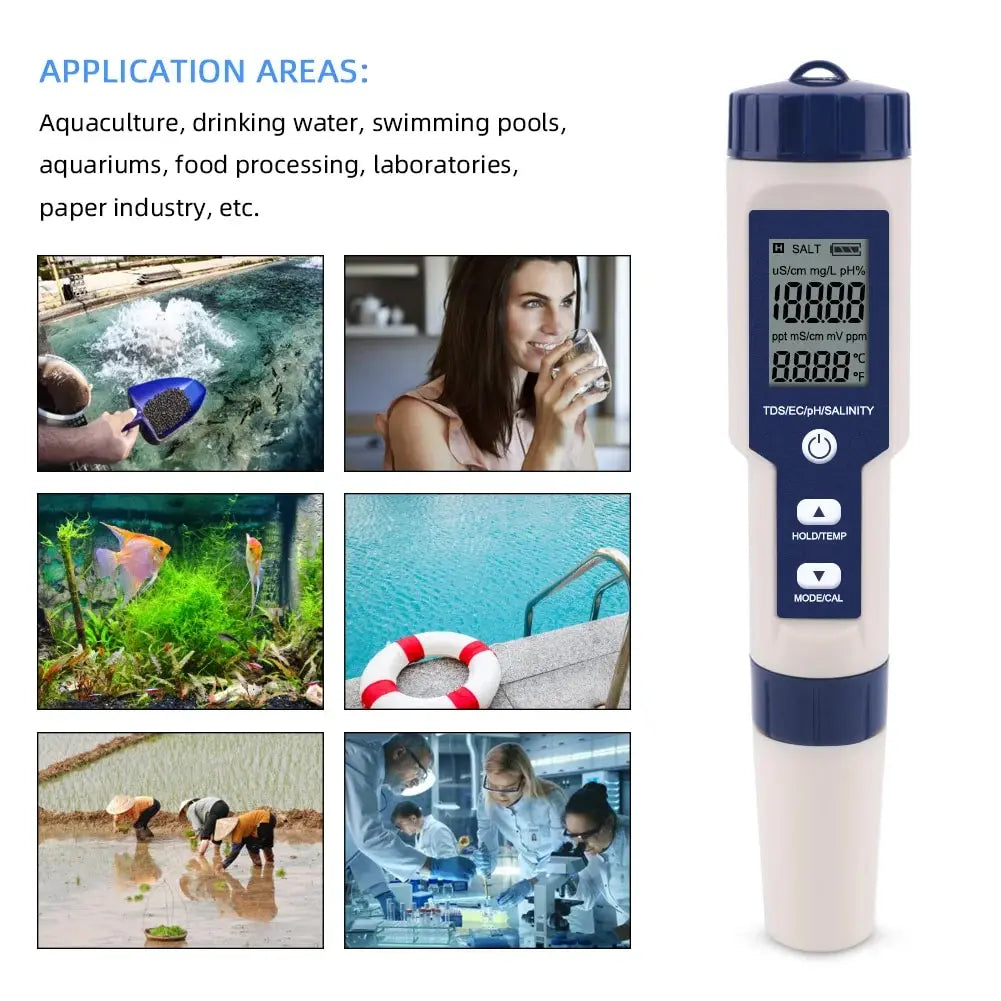 Yieryi TDS, EC, PH, Salinity & ORP Meter - H2, S.G, TEMP Water Quality Monitor for Pools & Aquariums