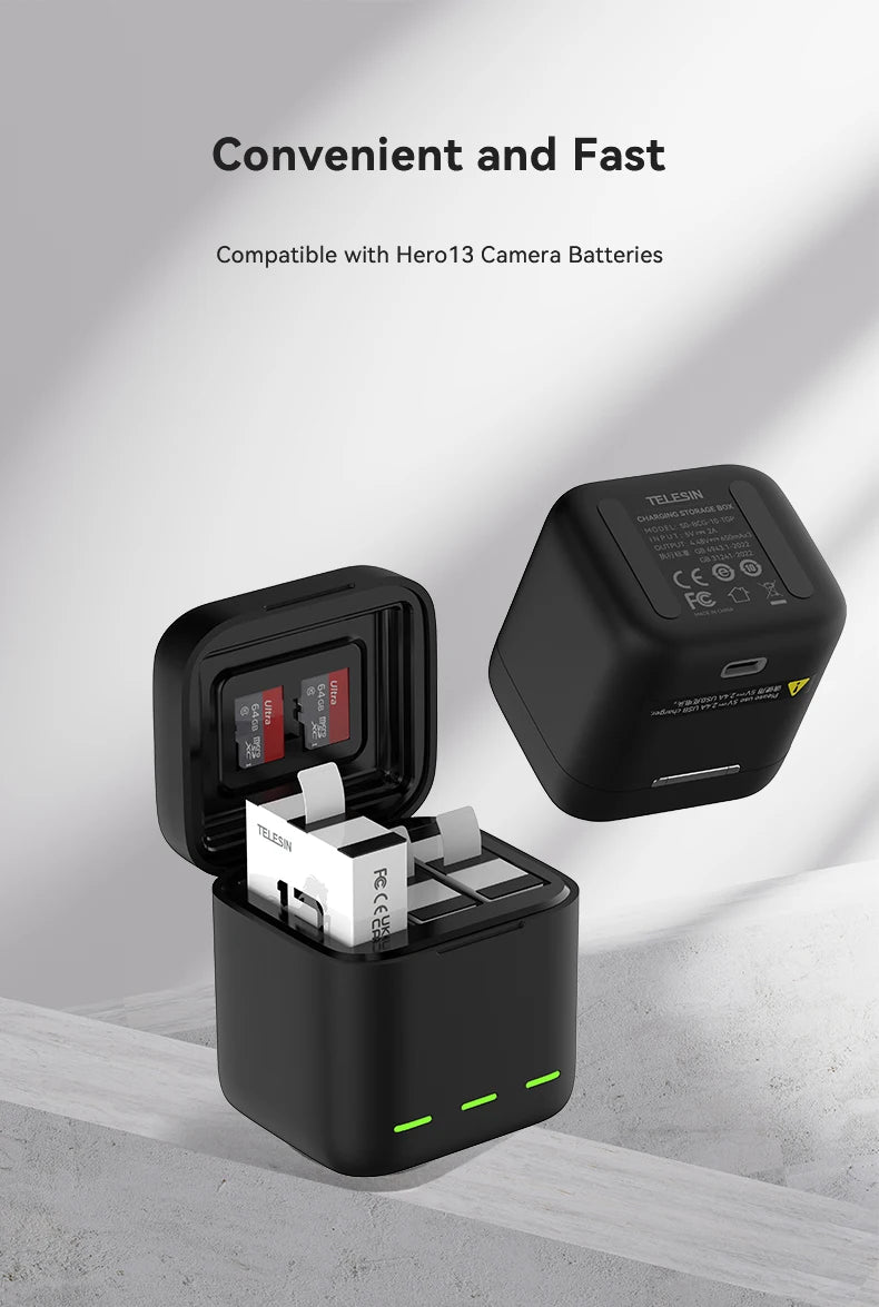 TELESIN 3-Slot Fast Battery Charger for GoPro Hero 13 – Portable Charging Dock for Action Camera Accessories