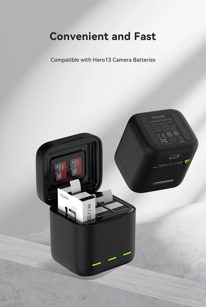 TELESIN 3-Slot Fast Battery Charger for GoPro Hero 13 – Portable Charging Dock for Action Camera Accessories