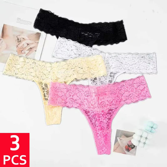 3PCS Lace Floral Women’s Panties - Low Waist Breathable Briefs & Thong, Sexy G-String Transparent Underwear (M-2XL)