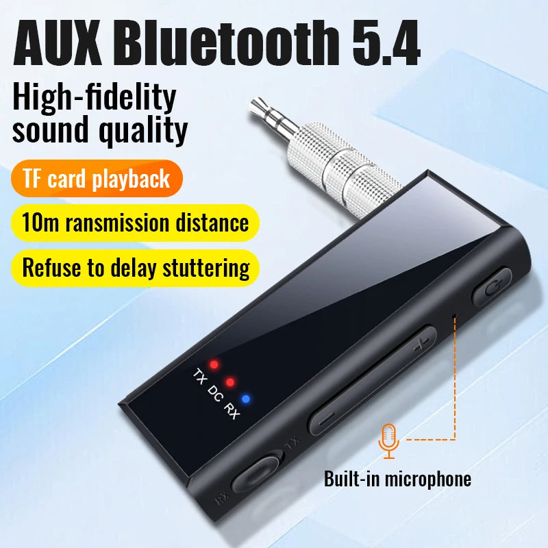 Bluetooth 5.4 Audio Transmitter Receiver – 3.5mm AUX Wireless Adapter with Mic & TF Card Support for Car, TV, PC