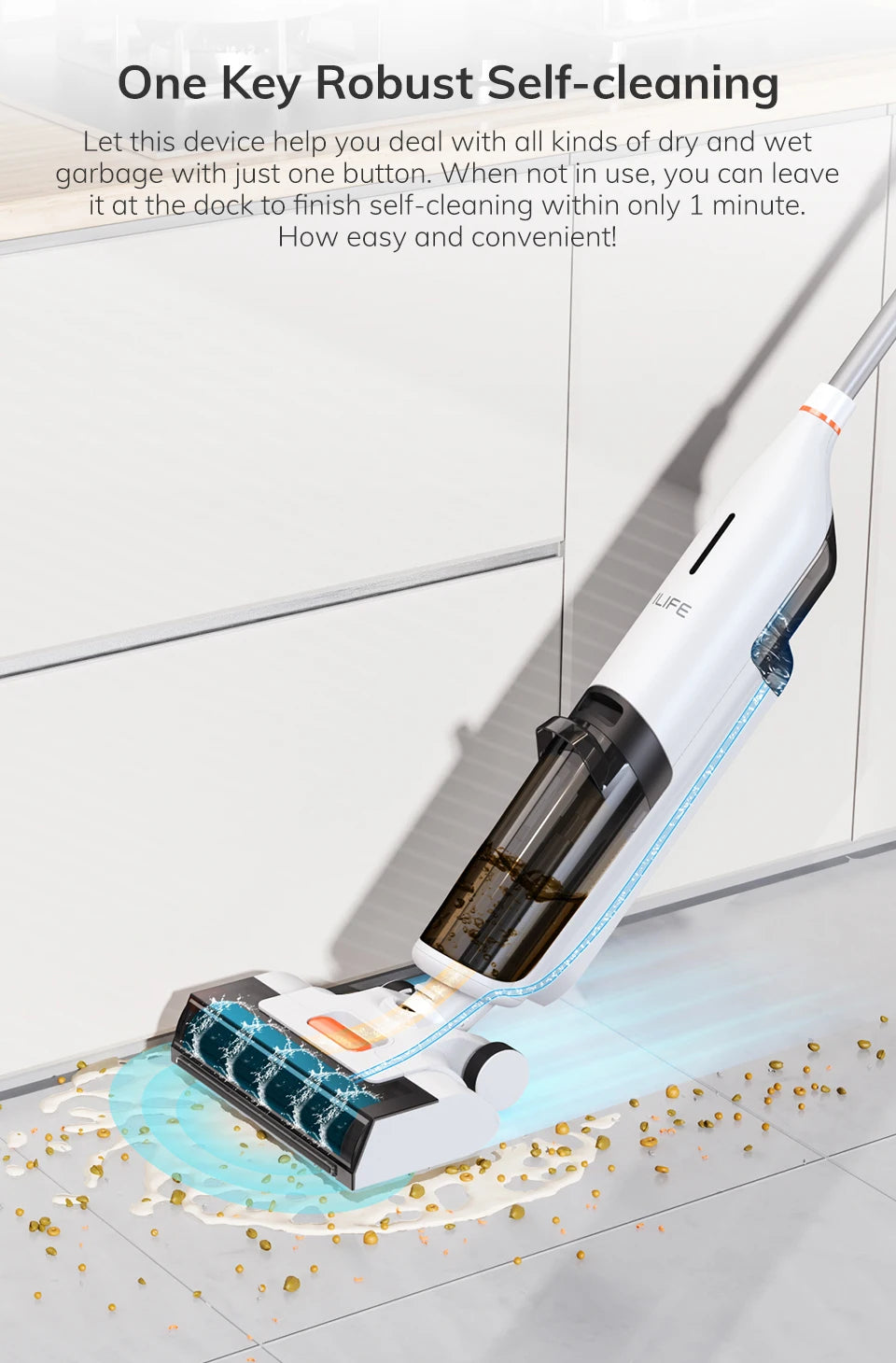 ILIFE W90 Cordless Wet Dry Smart Mop – 5500Pa Suction, Self-Cleaning in 1 Minute, Large Dual Water Tank