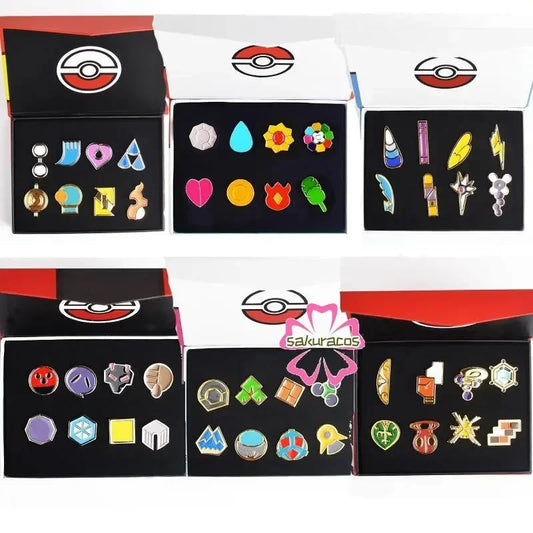 Set of 8 Pokémon Gym Badge Pins – League Region Brooches from Kanto, Johto, Hoenn, Sinnoh, Unova, Kalos & Orange Islands