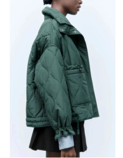 2024 ETJ Quilted Women's Coat – Beige Drawstring High Neck Jacket with Ties & Pockets