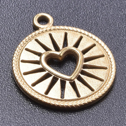 6pcs Real Gold-Plated Sun Charms - Stainless Steel Jewelry Making Pendants, Heart, Moon & Sunshine Design
