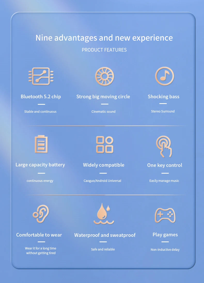 Wireless Bluetooth Earphones – HiFi Bass Ear-Hook Earbuds with HD Mic, Noise Cancelling, Waterproof Sports Gaming Headset