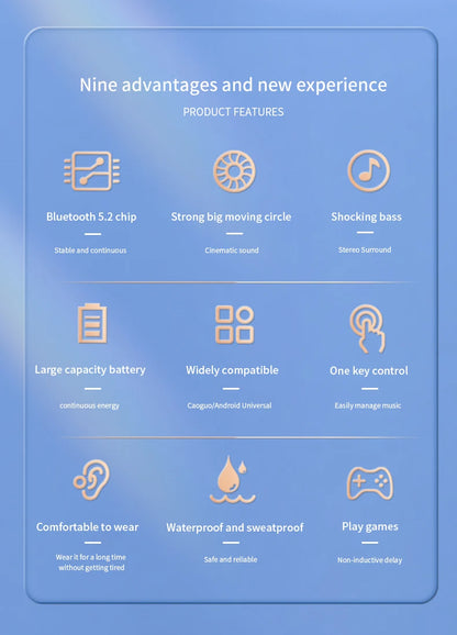 Wireless Bluetooth Earphones – HiFi Bass Ear-Hook Earbuds with HD Mic, Noise Cancelling, Waterproof Sports Gaming Headset