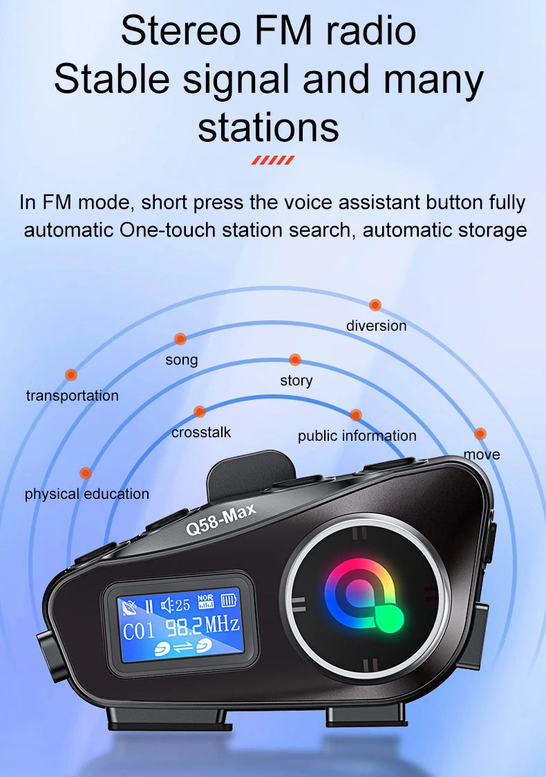 Q58 Max Motorcycle Helmet Bluetooth Intercom – IP65 Waterproof, 500M Range, Multi-Scene Music Sharing