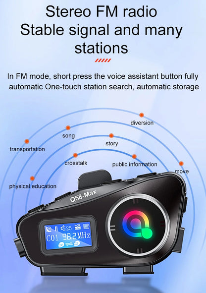 Q58 Max Motorcycle Helmet Bluetooth Intercom – IP65 Waterproof, 500M Range, Multi-Scene Music Sharing