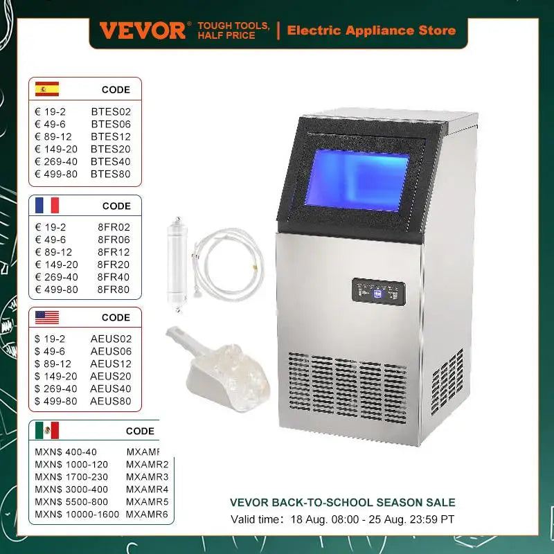 VEVOR Commercial Ice Maker – 100LB/24H, 45 Ice Cubes in 12-15 Mins, Freestanding with LED Display