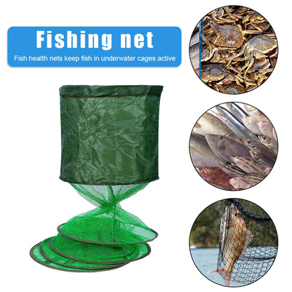 Portable Folding Nylon Mesh Fish Cage – Steel Ring Trap Net Basket for Fishing Storage & Accessories