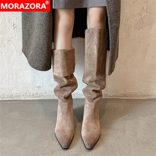 MORAZORA Women’s Cow Suede Knee-High Boots – Pointed Toe, Low Square Heel, Autumn Winter Long Boots, Size 34-41