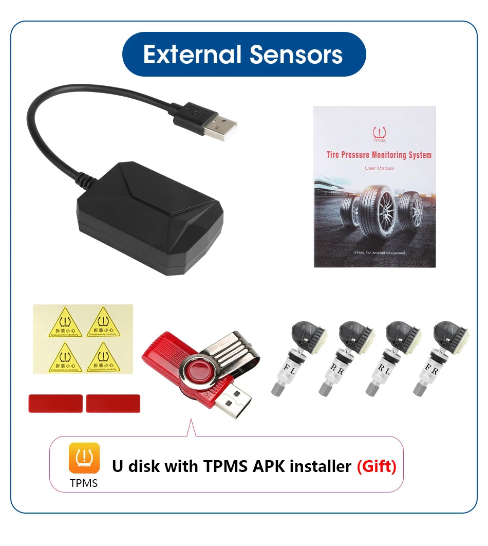 JMCQ USB Android TPMS Tire Pressure Monitoring System – 5 Internal/External Sensors with Display & Alarm for Car Navigation Radio